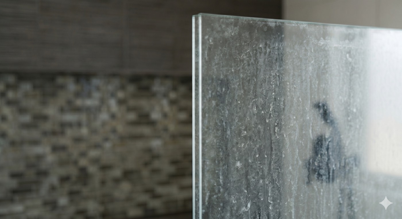 Cloudy, water-spotted shower glass